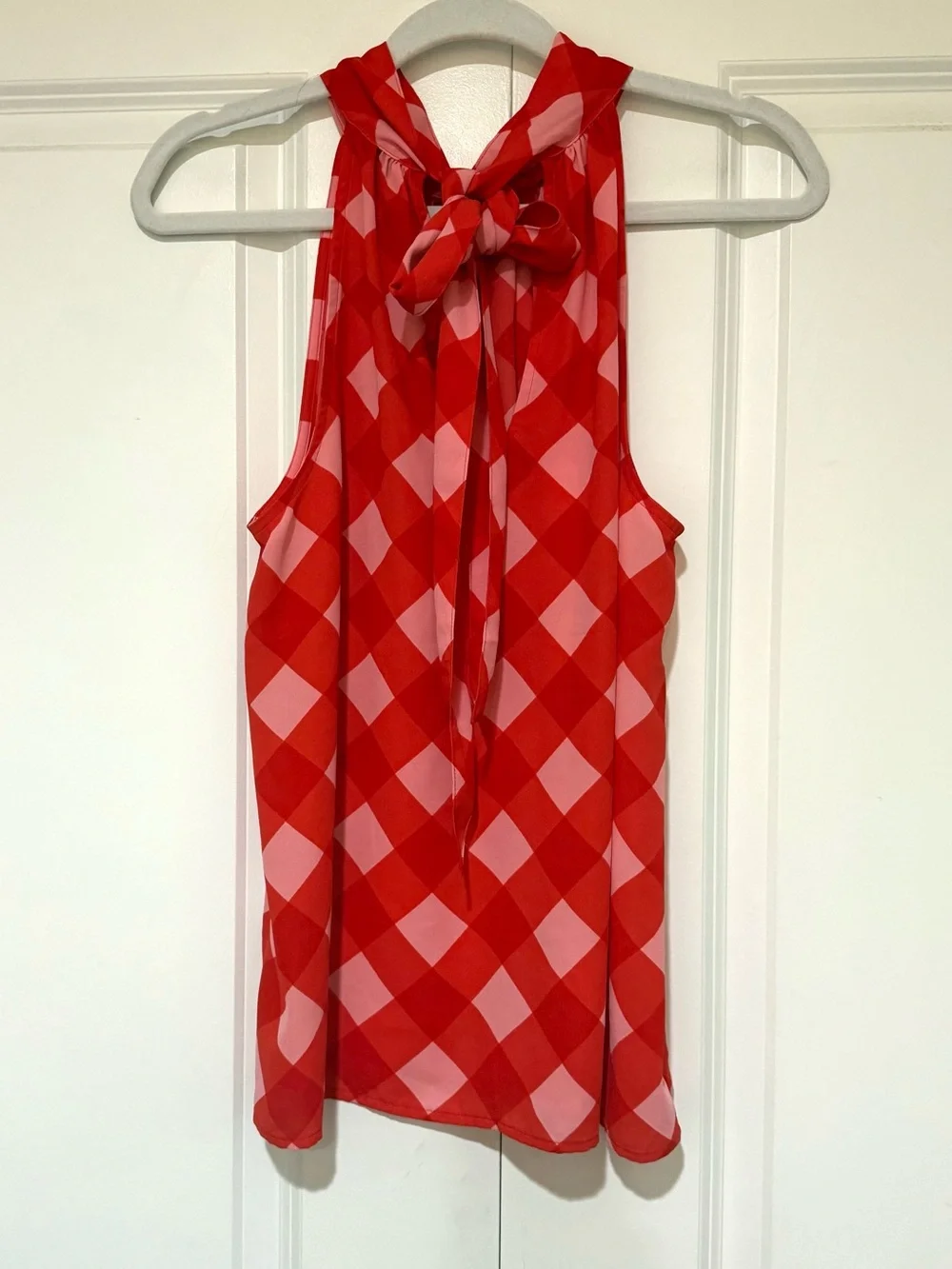J. Crew Red and Light Pink Gingham Tie Neck Tank/Halter